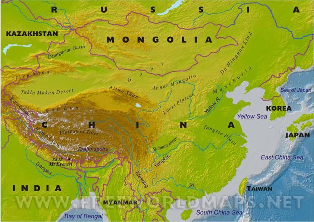 Չինաստանը ֆիզիկական քարտեզ