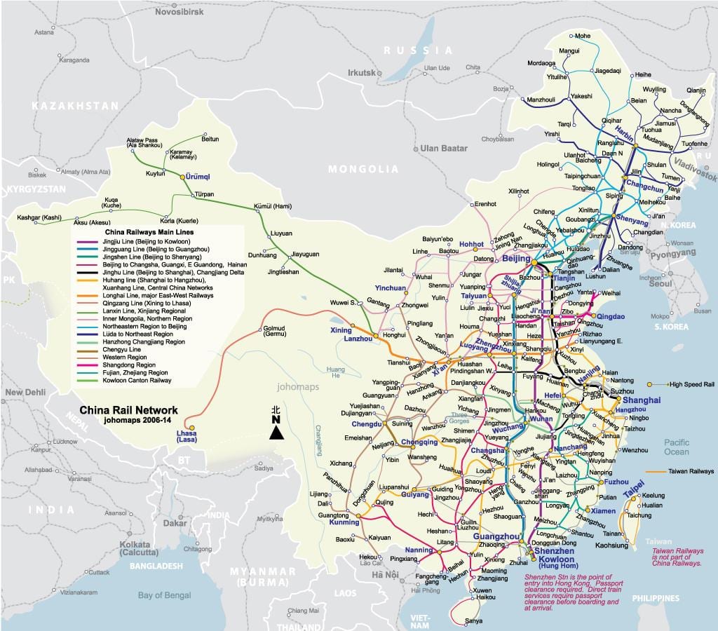 քարտեզ երկաթուղիների Չինաստանի