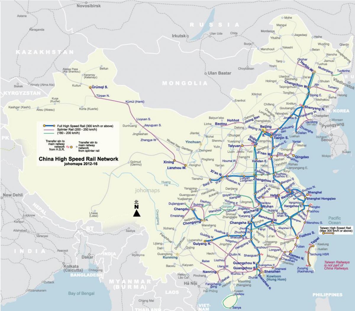 արագընթաց երկաթուղու Չինաստանի քարտեզի վրա