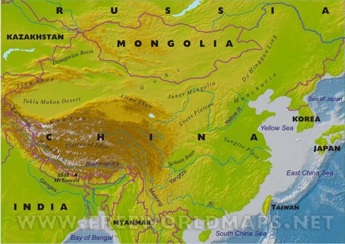 Չինաստանը ֆիզիկական քարտեզ